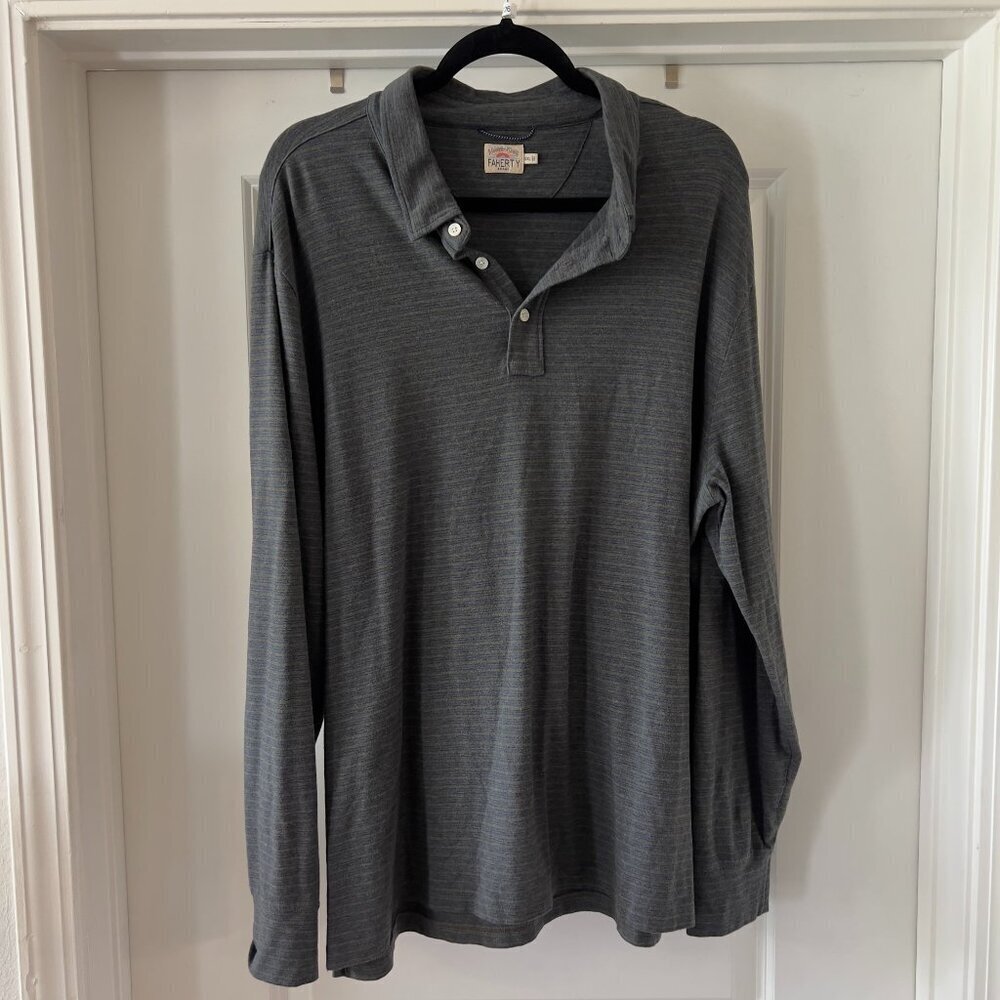 Men's Faherty Long Sleeve Striped Polo Size XXL Color Green Grey